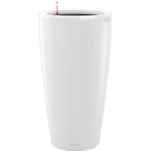 Weißes, hochglänzendes Lechuza Rondo Premium Pflanzgefäß, 75 cm hoch, für Innenräume.