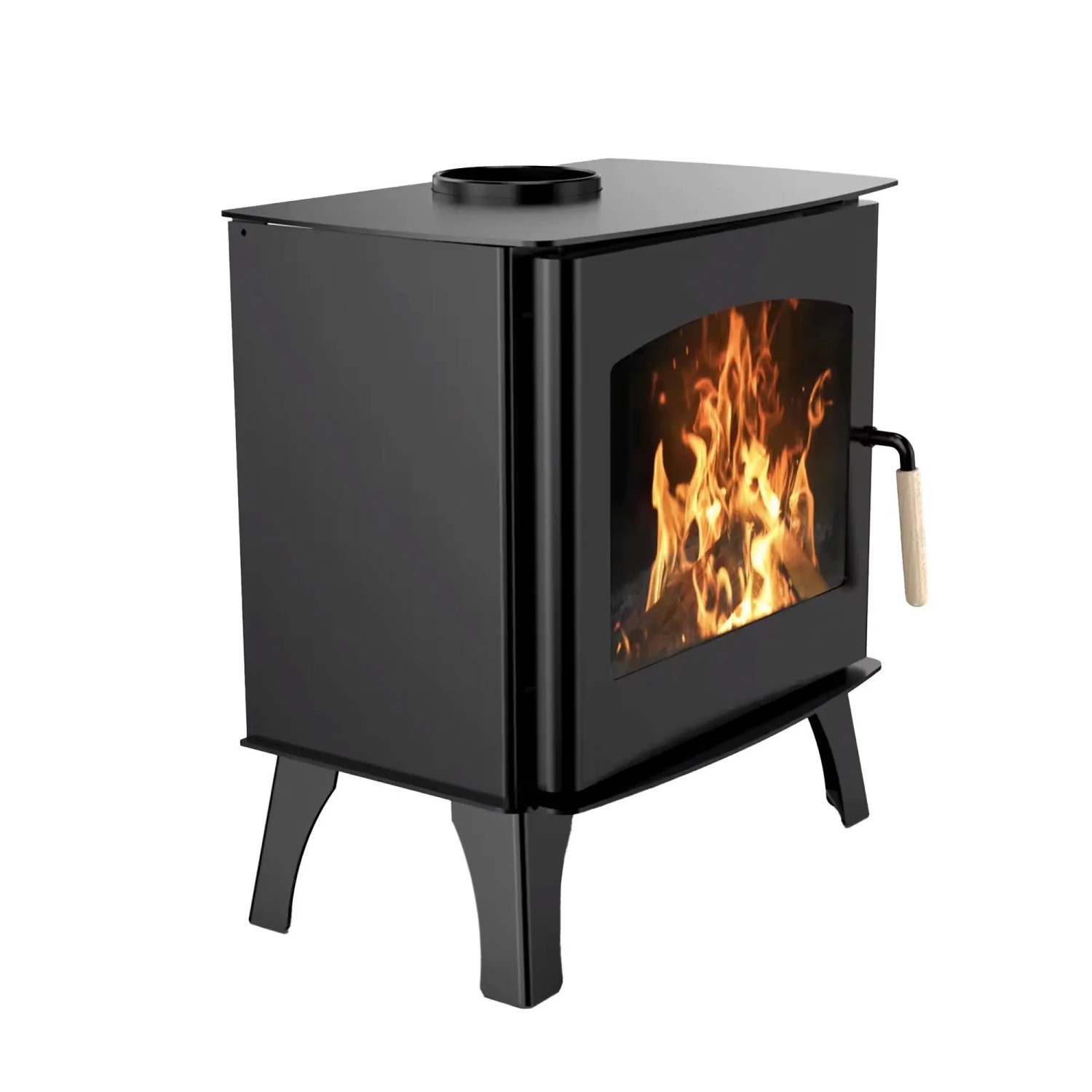 Schwarzer Sannover Holzofen Dita 11,8 kW mit Holzscheiten bis 52 cm im Feuerraum.