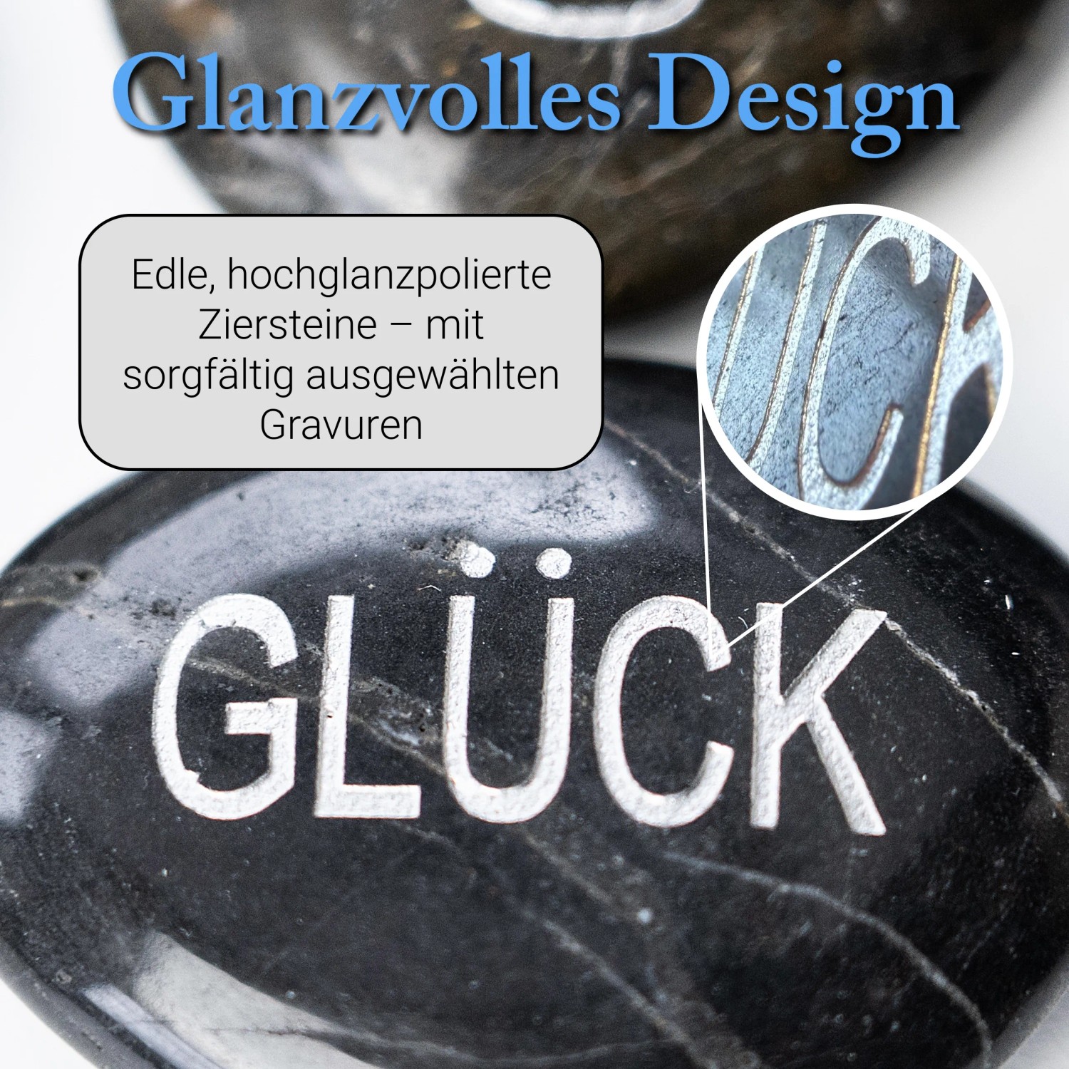 Intergarden Zierkies Set mit Gravur "Glück". Polierte Dekosteine für Garten & Wohnung.