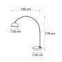 Skizze der modernen Bogenlampe Arc Basic von QAZQA, Messing mit weißem Schirm, Maße sind eingezeichnet.