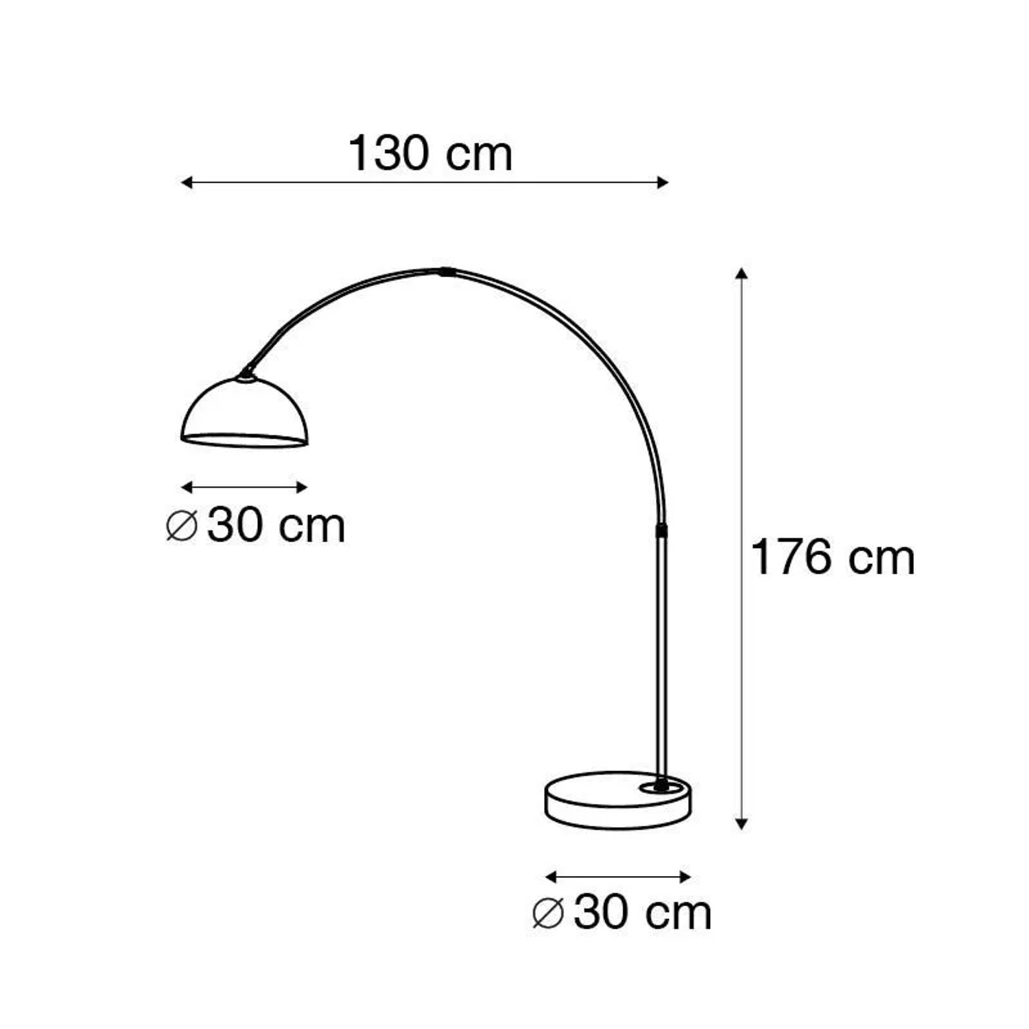 Skizze der modernen Bogenlampe Arc Basic von QAZQA, Messing mit weißem Schirm, Maße sind eingezeichnet.