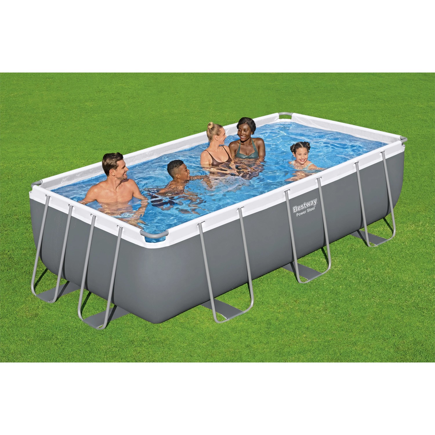 Bestway Stahlrahmenpool-Set Power Steel, eckig, grau, mit Personen im Wasser.