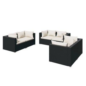 vidaXL Garten-Lounge-Set, 6-teilig, schwarzes Poly Rattan mit creme Kissen.