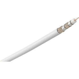 Weißes Hama Antennenkabel Koax Classic Line 120 dB, 25 m, mit offen gelegter Abschirmung.