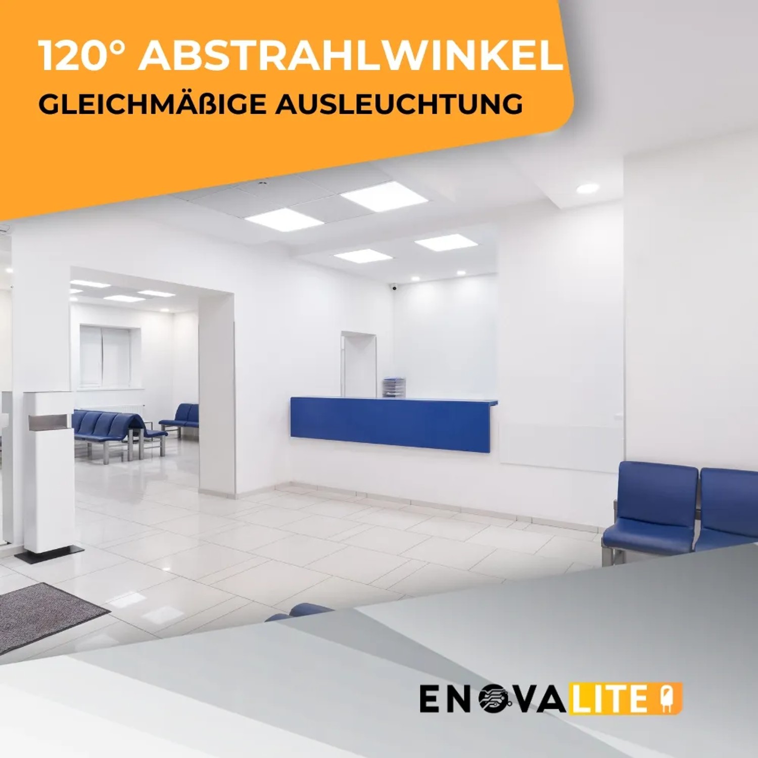 ENOVALITE LED Panel 62x62 in Anwendung: Helle, gleichmäßige Ausleuchtung eines Wartezimmers.