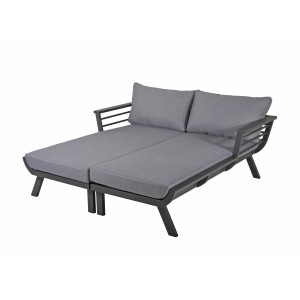 Anthrazitfarbene Garden Pleasure Doppelliege Delia mit grauen Kissen und Auflagen.