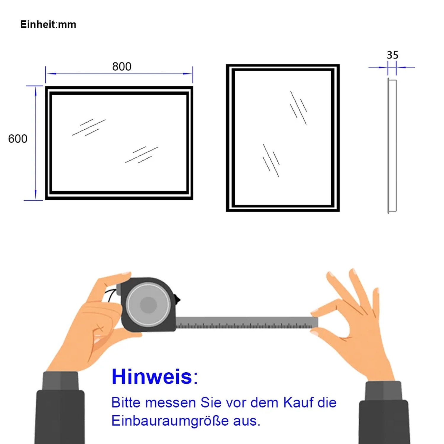 Skizze: Emke LED Badspiegel 80x60cm mit Maßen und Hinweis zum Ausmessen vor dem Kauf.