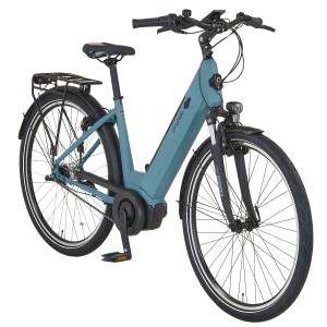 Blaues Prophete City E-Bike Geniesser 3.9 Damenrad mit 28 Zoll Reifen und tiefem Einstieg.