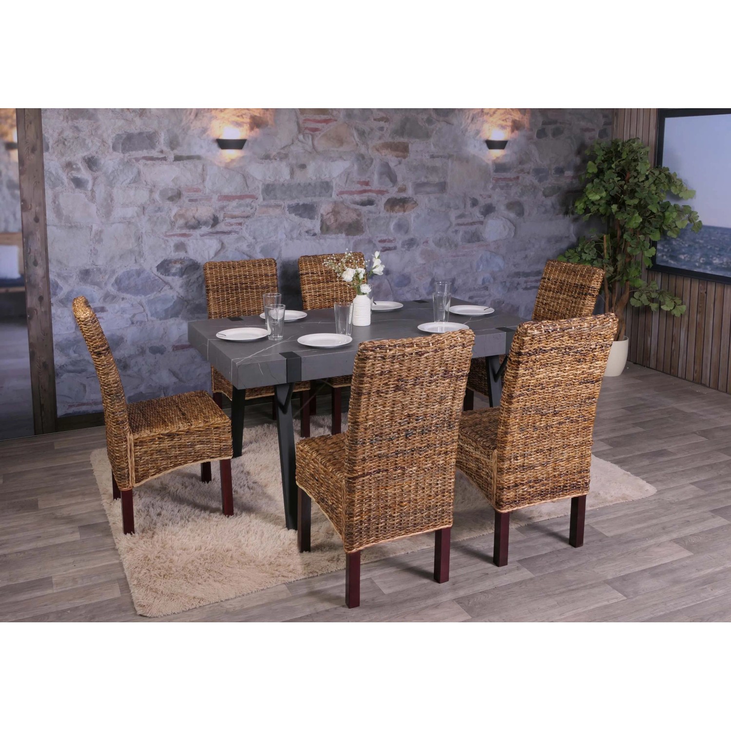 6er-Set MCW Esszimmerstühle Loiret, helles Bananenblatt-Geflecht, ohne Kissen.