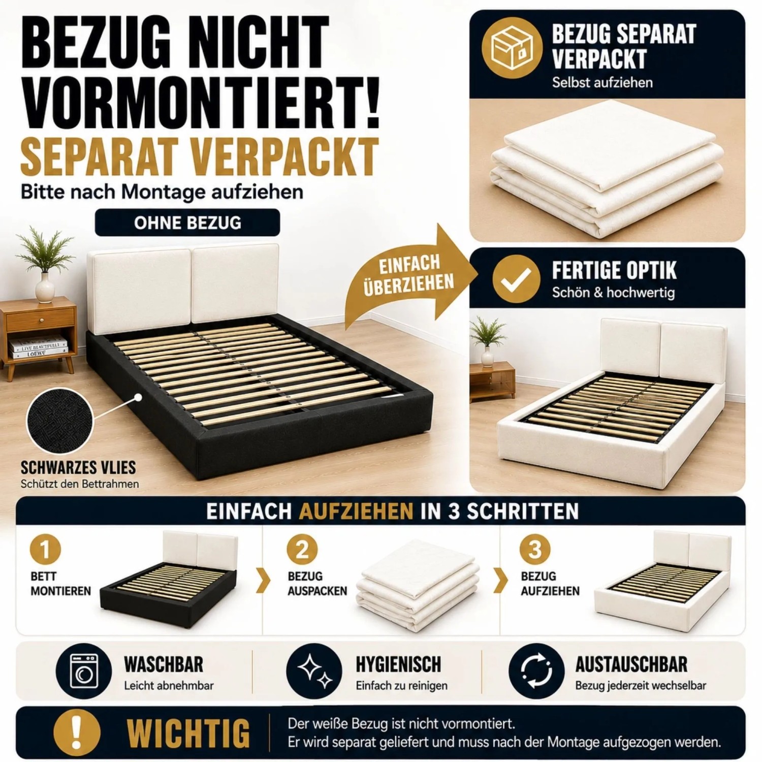 Merax Polsterbett 180x200 cm: Montage des Bettgestells und Anbringen des beigen Chenille-Bezugs.