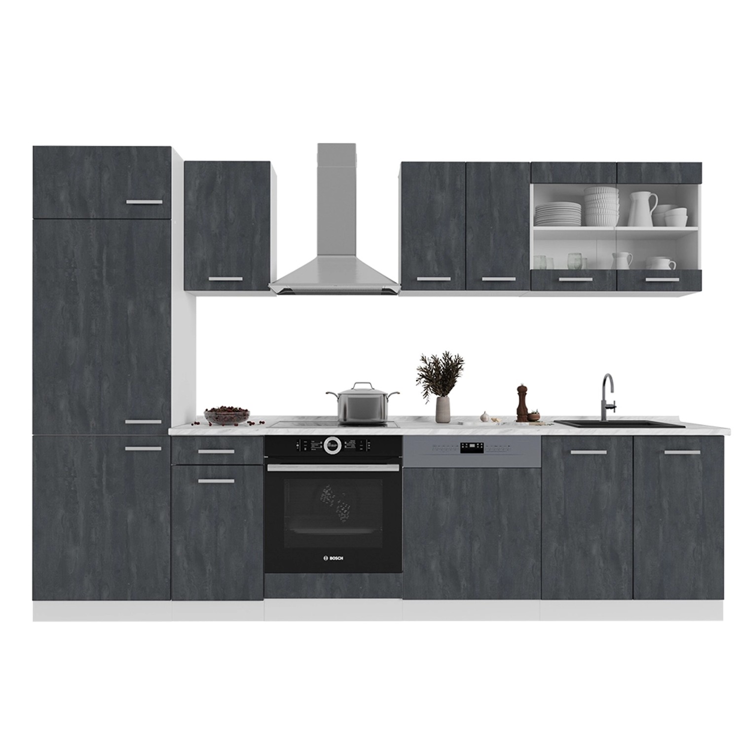 Vicco R-Line Küchenzeile Schwarz Beton/Weiß 300 cm AP Marmor günstig online kaufen