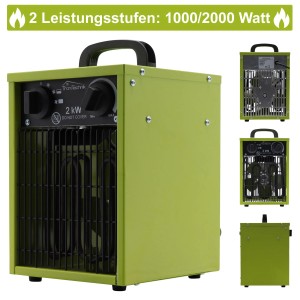 Grünes TroniTechnik Heizgerät, 2000 Watt, mit Tragegriff und Thermosteuerung.