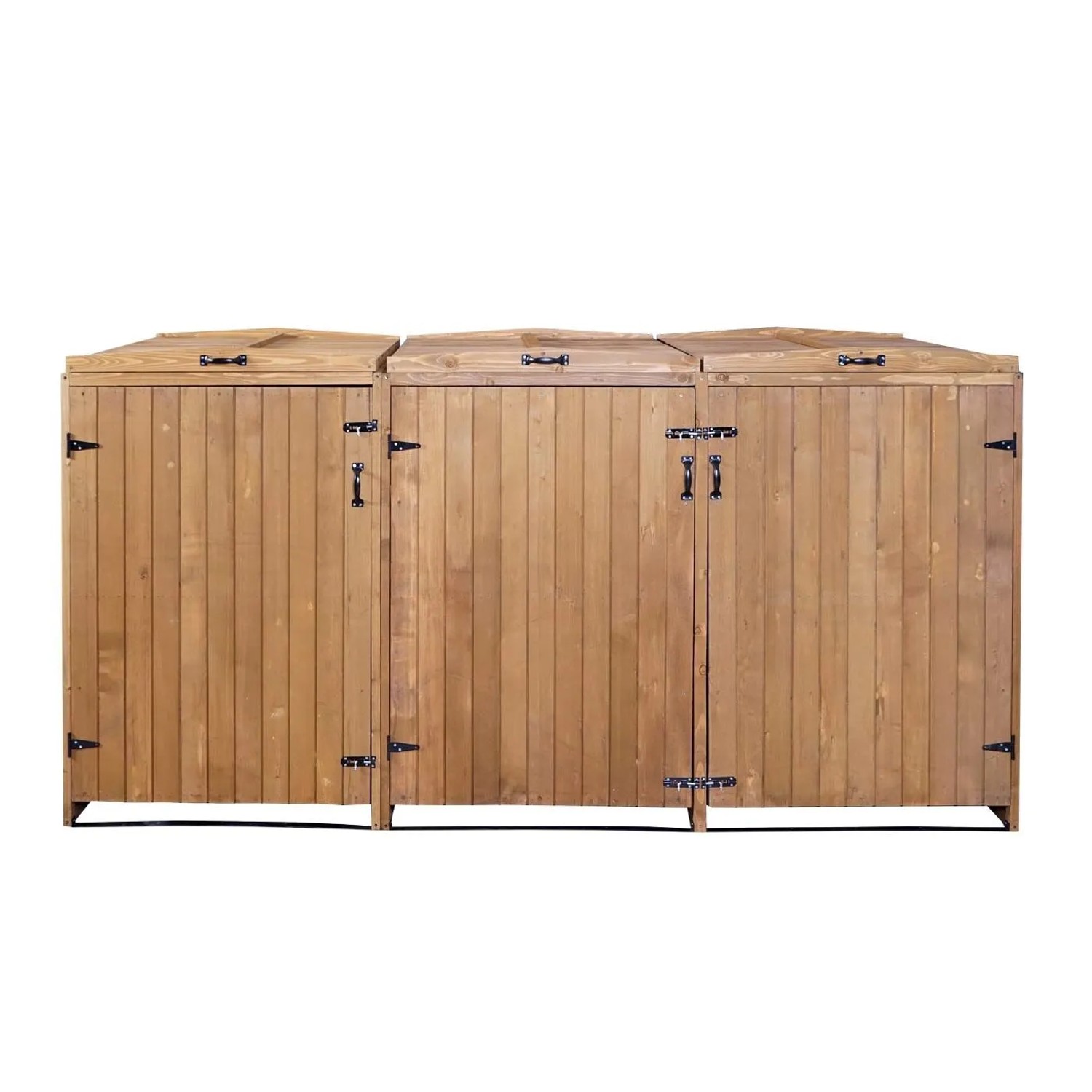 Proregal XL Mülltonnenverkleidung aus braunem, gebeiztem Tannenholz für 3 Mülltonnen, mit Türen und Beschlägen.