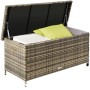 Geöffnete Tectake Auflagenbox Kiruna 270L aus Polyrattan mit Kissen und Rollen.