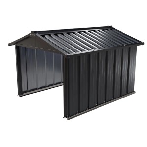 Anthrazitfarbene Mähroboter Garage aus Metall mit Satteldach für Rasenmäher.