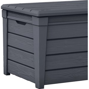 Keter Gartenbox Brightwood, 454 Liter, anthrazitfarbener Kunststoff in Holzoptik.