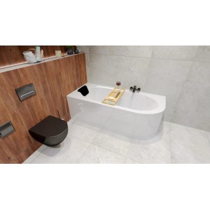Weiße AVITA Eckbadewanne 170x75 links mit Acrylschürze, Bambusablage und schwarzem Kissen im modernen Bad.
