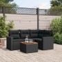 Schwarze 5-tlg. vidaXL Garten-Sofagarnitur aus Poly Rattan mit Kissen und Tisch.