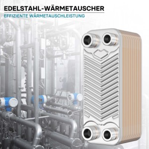 Kompakter Edelstahl Plattenwärmetauscher mit 30 Platten und 4 Anschlüssen für effiziente Wärmeübertragung.