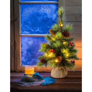 LED Deko Weihnachtsbaum (H 45cm) mit Tannenzapfen und Beeren vor frostigem Fenster.