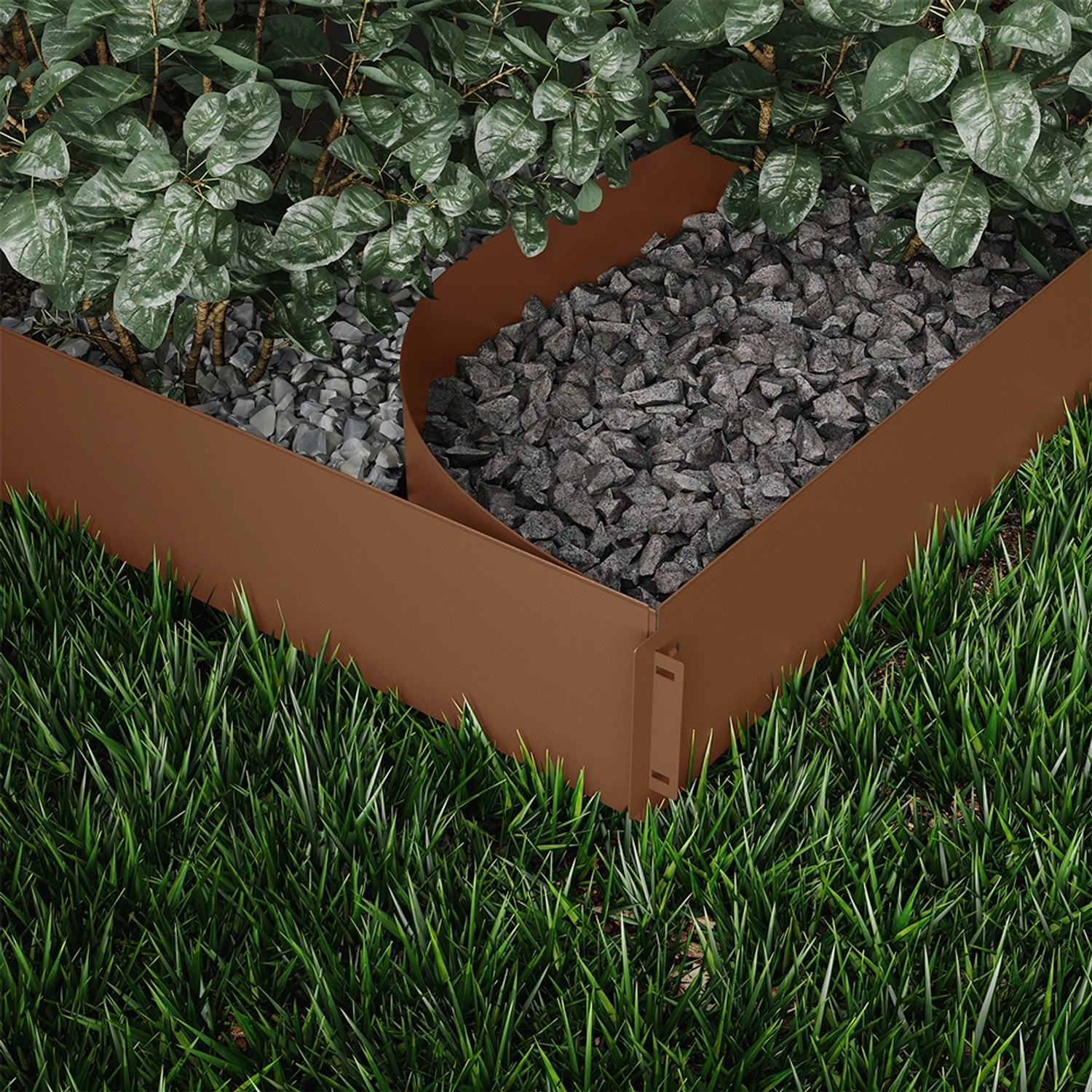 Braune OK-Living Rasenkante aus Metall, eingefasst ein Beet mit Steinen, im Garten.