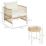 Outsunny Gartenmöbel Set aus Rattan (gelb), bestehend aus Stuhl mit Kissen und Beistelltisch mit Maßangaben.