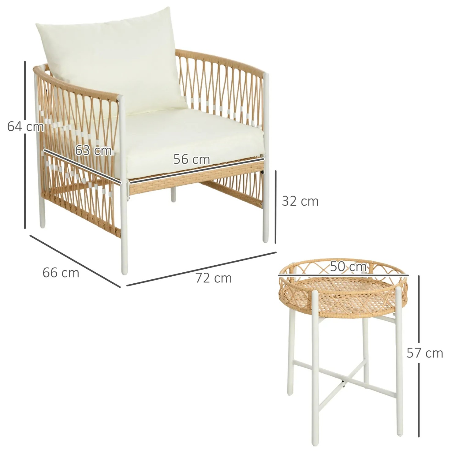 Outsunny Gartenmöbel Set aus Rattan (gelb), bestehend aus Stuhl mit Kissen und Beistelltisch mit Maßangaben.