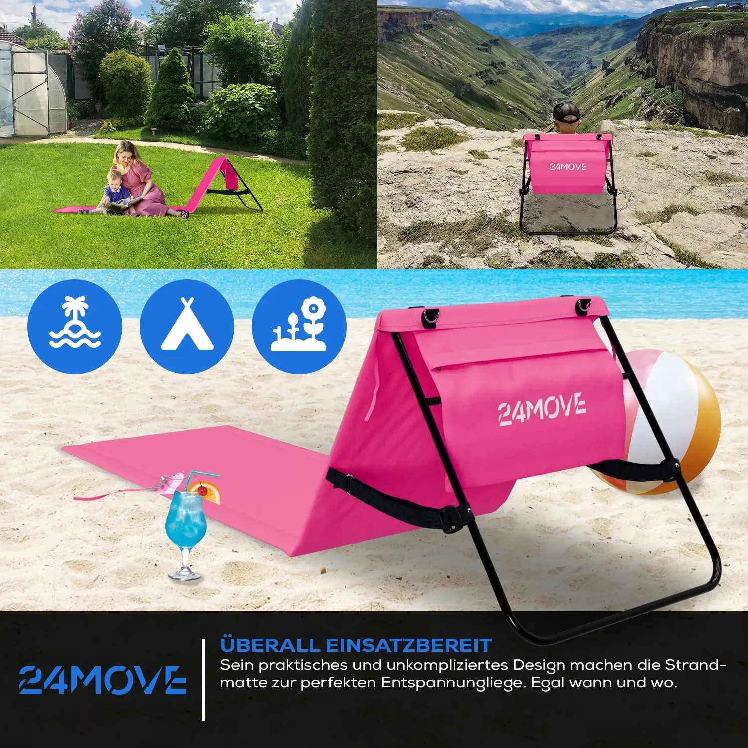 2er Set 24MOVE Strandmatte rosa mit Rückenlehne, klappbar und mit Tasche. Ideal für Strand, Garten oder Camping.