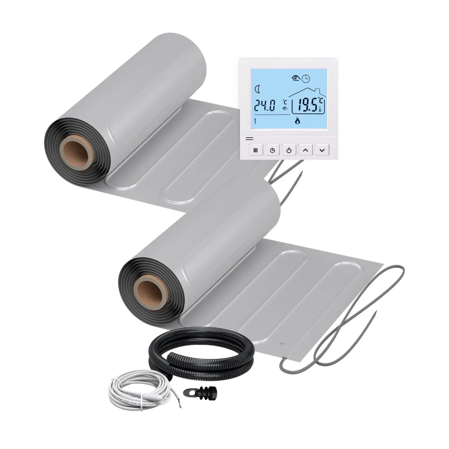 WARMON Fußbodenheizung Elektrisch 2x ALU Matten 150 W/m² 5+4 m² inkl. TS 50 Thermostat Digital Weiß