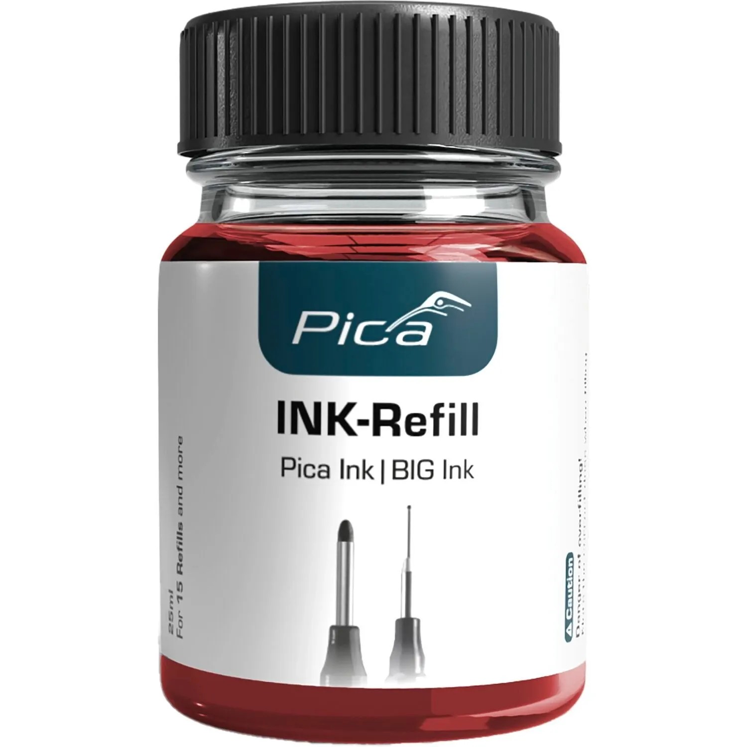 Rote Pica Ink Nachfülltinte 25ml in Glasflasche mit schwarzem Deckel. Zeigt Marker-Spitzen für Tieflochmarker.