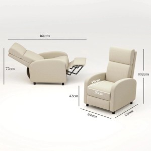 Cremeweißer HOMCOM Relaxsessel mit Liegefunktion, aufrecht und liegend gezeigt, mit Maßen. Bequemer Polstersessel für Sofas.