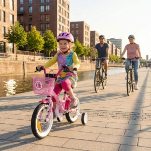 Rosa PROMETHEUS Kinderfahrrad 12 Zoll mit Stützrädern und Korb. Mädchen fährt Fahrrad, Eltern im Hintergrund.