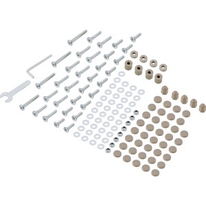Montageset für Cuvelo Sofa-Lounge-Set, 134-teilig mit Schrauben, Muttern, Unterlegscheiben, Werkzeug und Abdeckkappen.
