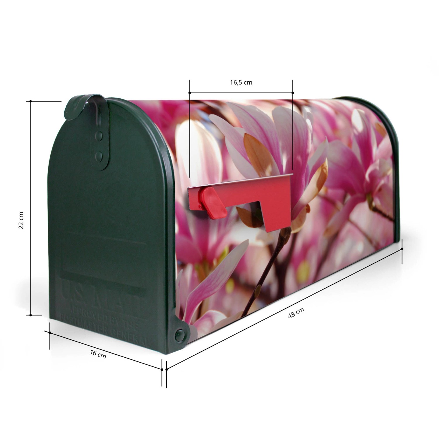 Grüner Banjado US Briefkasten mit Magnolien Motiv, Stahl, 48x22x16cm.