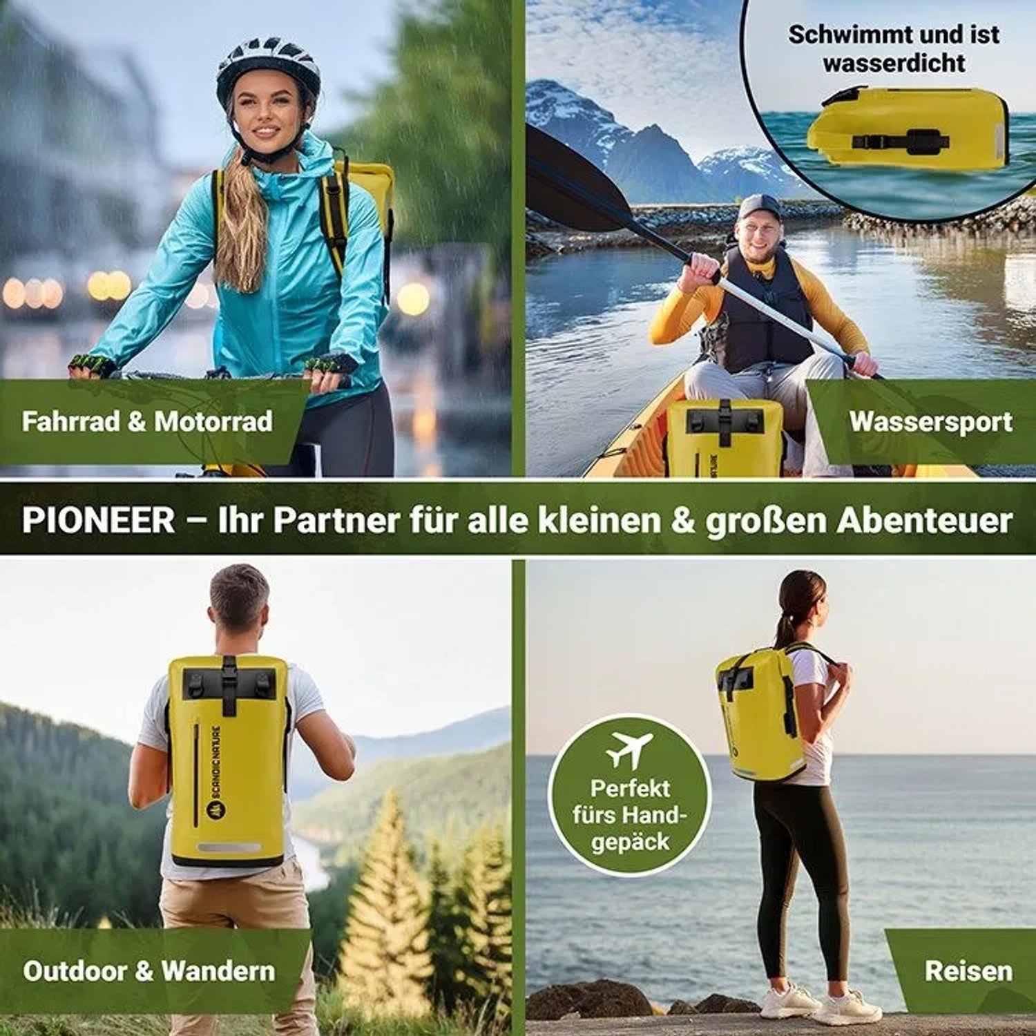 Gelber SCANDIC NATURE Pioneer Rucksack 35L. Wasserdichter Roll Top Backpack für Radfahren, Wassersport, Wandern & Reisen.
