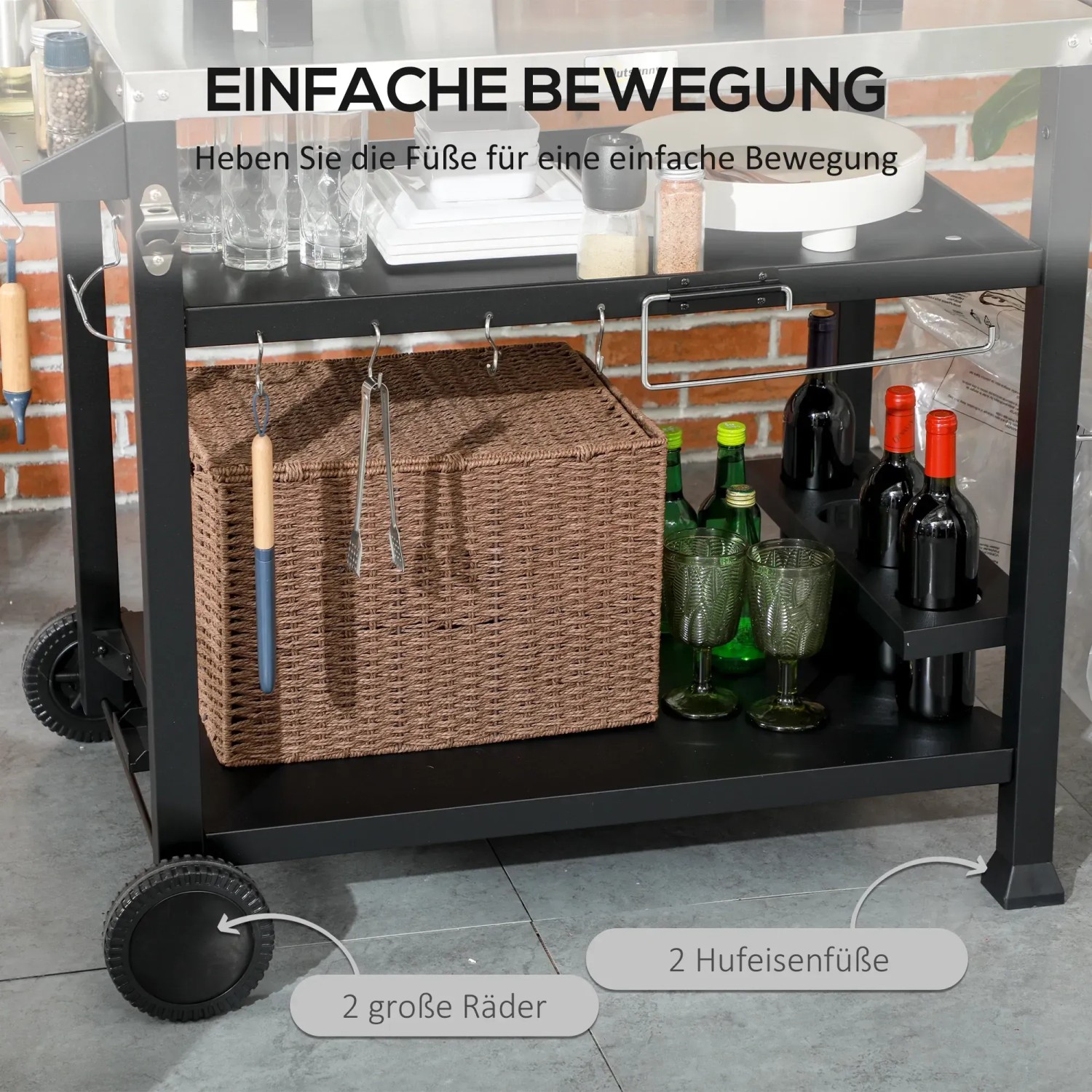 Outsunny Grillwagen aus Edelstahl mit Ablagen, Haken und Rädern für einfachen Transport.