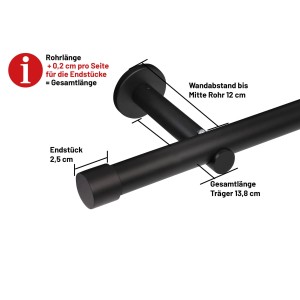 Deco-Raum Gardinenstange nach Maß 1-Lauf Kappe Ø 25mm Schwarz 190cm