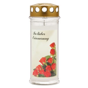 Weißes Motiv-Grablicht Ambrosius Rose, Ø 7,5 cm x 21 cm, mit Rosenmotiv.