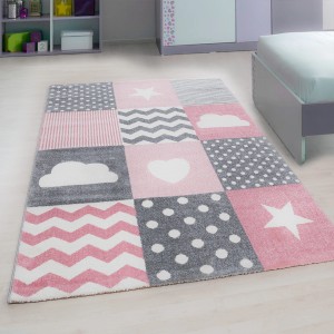 Ayyildiz Kinderteppich Kids 620 Pink mit Mustern wie Sterne, Wolken und Herzen.