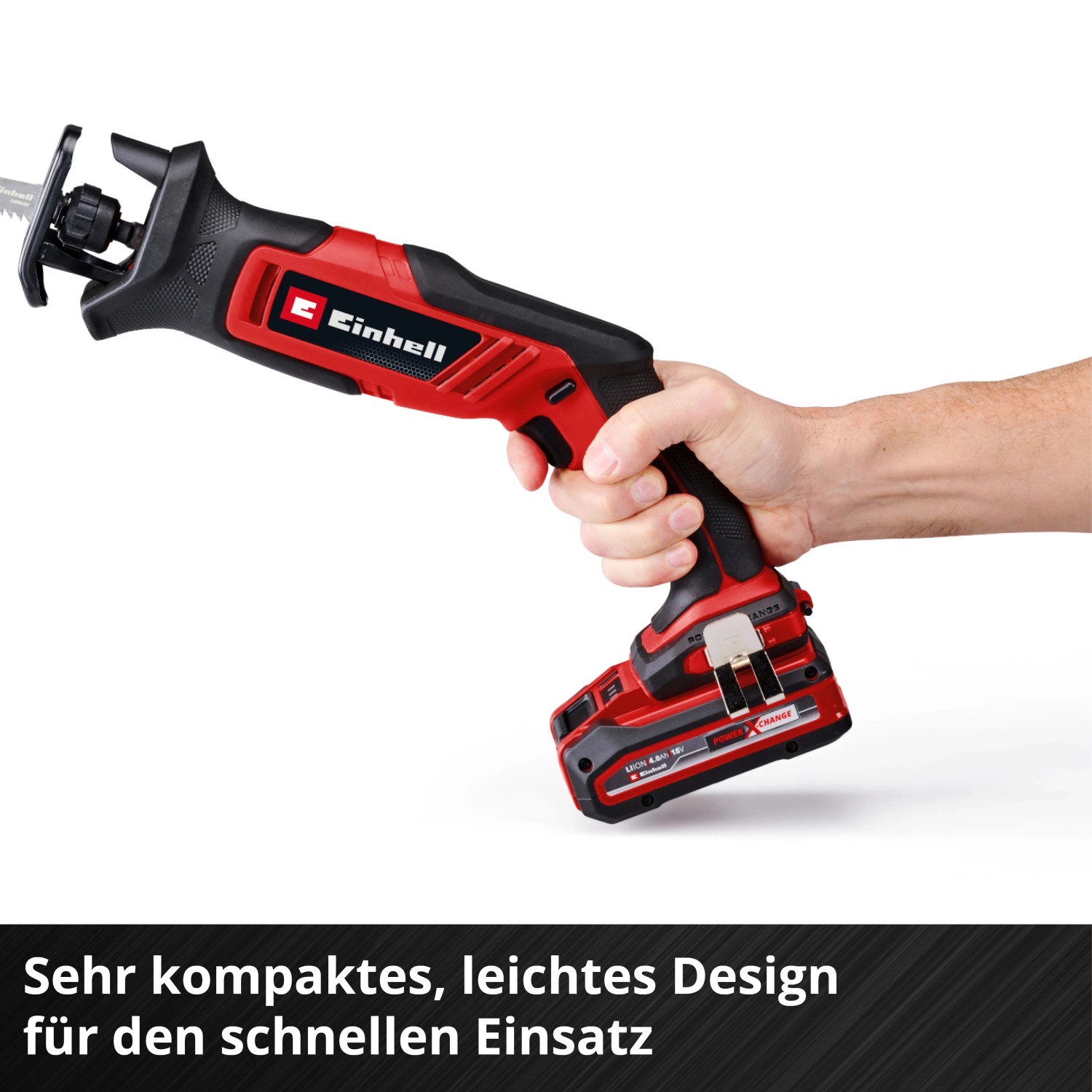 Einhell Akku-Universalsäge TE-AP 18/13 Li-Solo in rot/schwarz, gehalten in einer Hand.