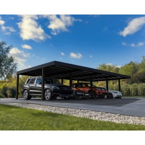 Canopia Carport Oslo, 1195x596 cm, schwarz, mit vier geparkten Autos unter dem grauen Paneel.