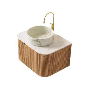 PXloue Badmöbel Waschtisch mit Unterschrank 61 cm  Glas Waschbecken Rund  Weiß Holzoptik Vormontiert