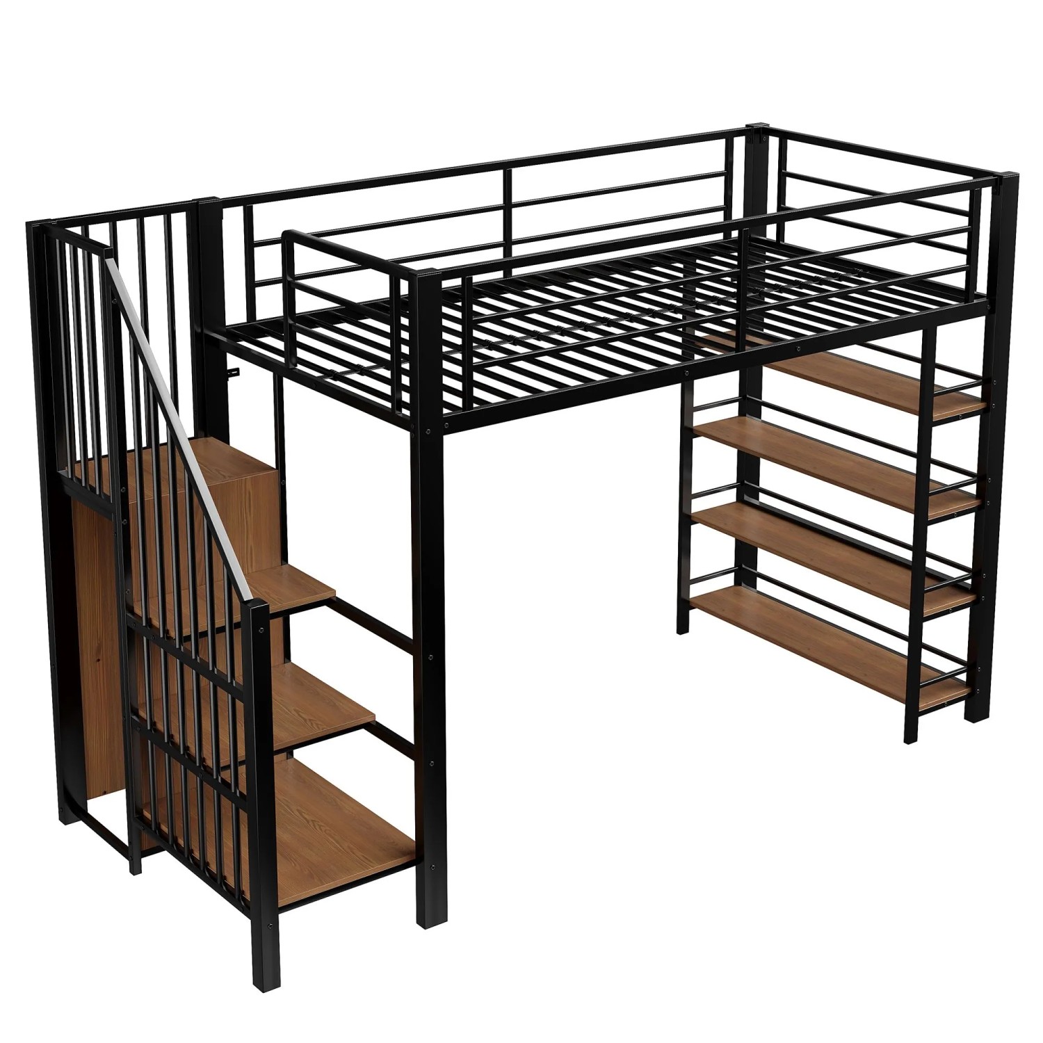 okwish Hochbett 90x200cm mit Treppe Stauraum und Kleiderschrank Jugendzimmer Schwarz ohne Matratze
