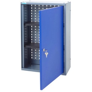 Küpper Hängeschrank 70337 mit blauer Tür, 40 cm breit, mit Lochrückwand und zwei Einlegeböden.