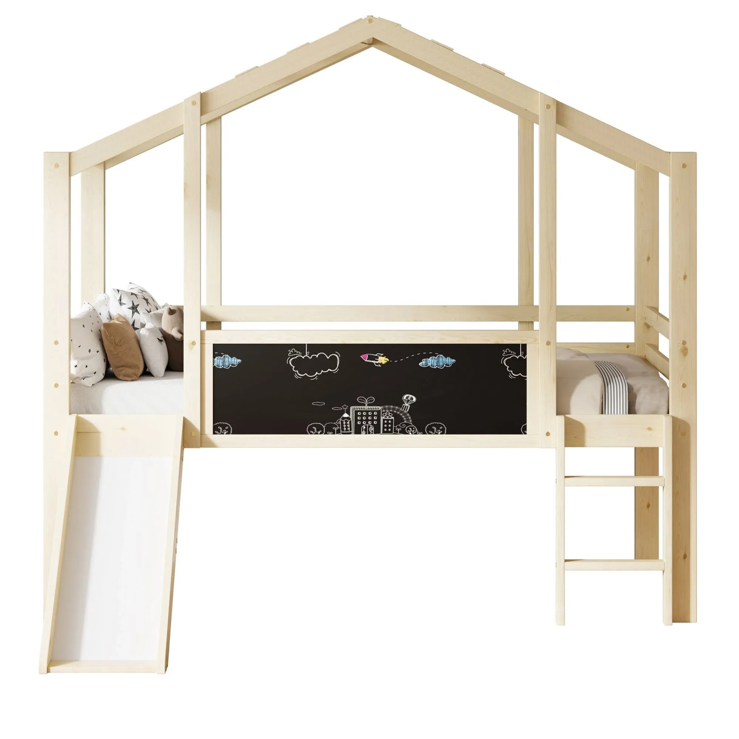 okwish Hochbett 90x200cm mit Rutsche und Graffiti Tafel Kinderzimmer Natur ohne Matratze