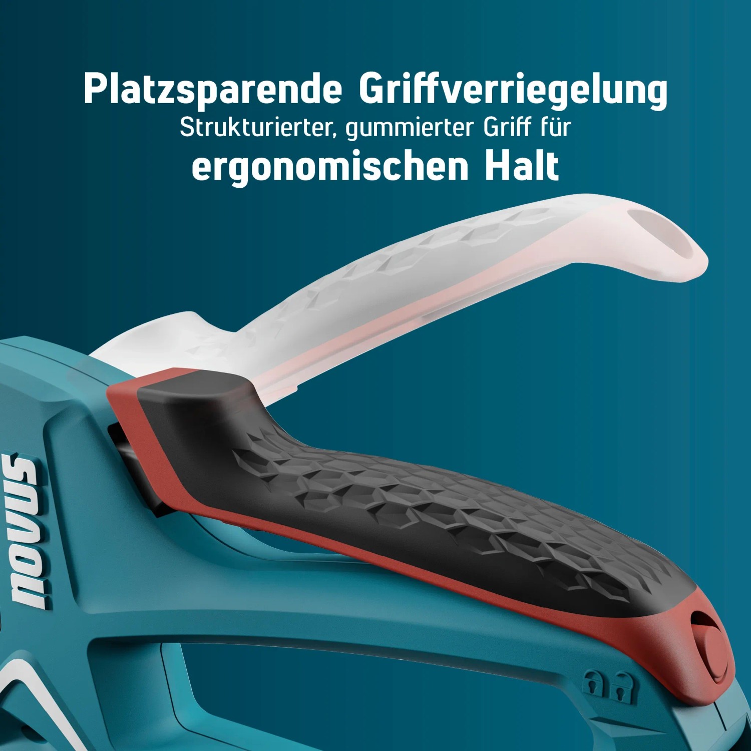 Detailaufnahme Novus J-15 Handtacker: Ergonomischer, gummierter Griff für sicheren Halt.