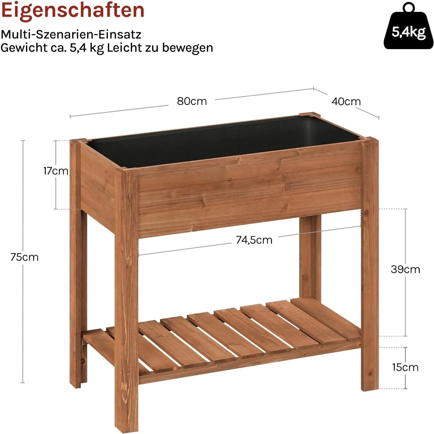 Braunes WOLTU Hochbeet aus Holz, 80x75x40 cm, mit schwarzem Pflanzkasten und Lamellen-Ablageboden.