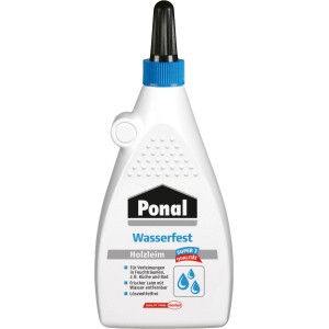 Flasche Ponal Holzleim Wasserfest, 225g, für feuchte Räume, transparent trocknend.