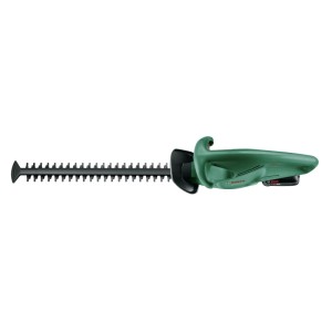Grüne Bosch Akku-Heckenschere EasyHedgeCut 18V mit langem Messer und Akku für präzises Heckenschneiden.