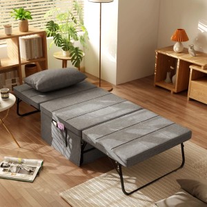Graues HOMCOM 4-in-1 Klappbett mit 8 cm Matratze, ausgeklappt als Gästebett im Wohnzimmer. Verstellbare Rückenlehne.